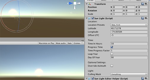 SunLight calculates the light color and orientation of a directional light source based on a given geographical location and time of day to create a realistic sun light source.